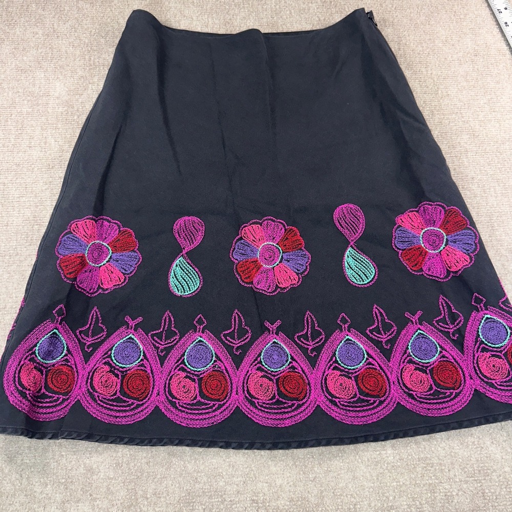 Anne Carson Petite Black Cotton Silk Blend Embroidered Floral A-Line Skirt 8P